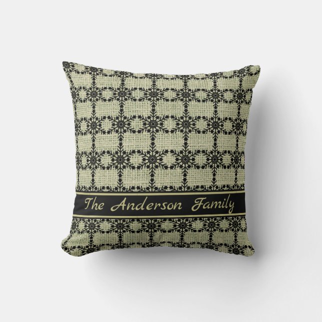 Coussin Personnalisé Rustic Burlap Black Snowflake Motif (Recto)