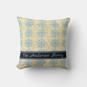 Coussin Personnalisé Rustique Burlap Blue Snowflake Motif