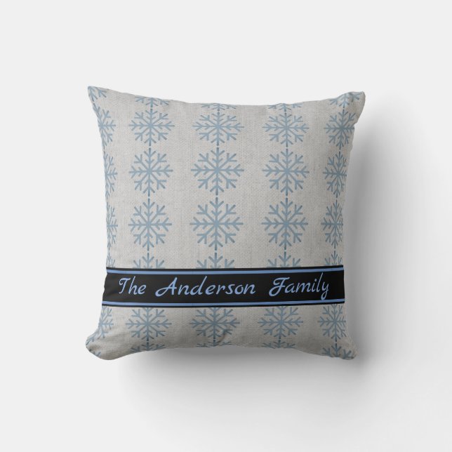 Coussin Personnalisé Rustique Burlap Blue Snowflake Motif (Recto)