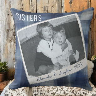 Coussin Personnalisé soeurs noms photo keepsar bleu plaid