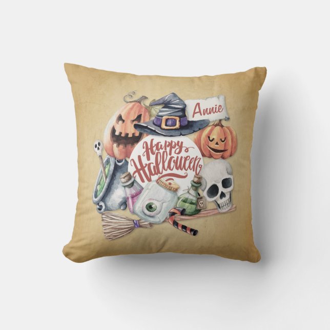 Coussin Personnalisé Vintage Halloween Joyeux Pillow (Recto)
