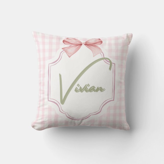 Coussin Personnalisé Vivian Baby Girl Nursery Bow&En vichy (Recto)