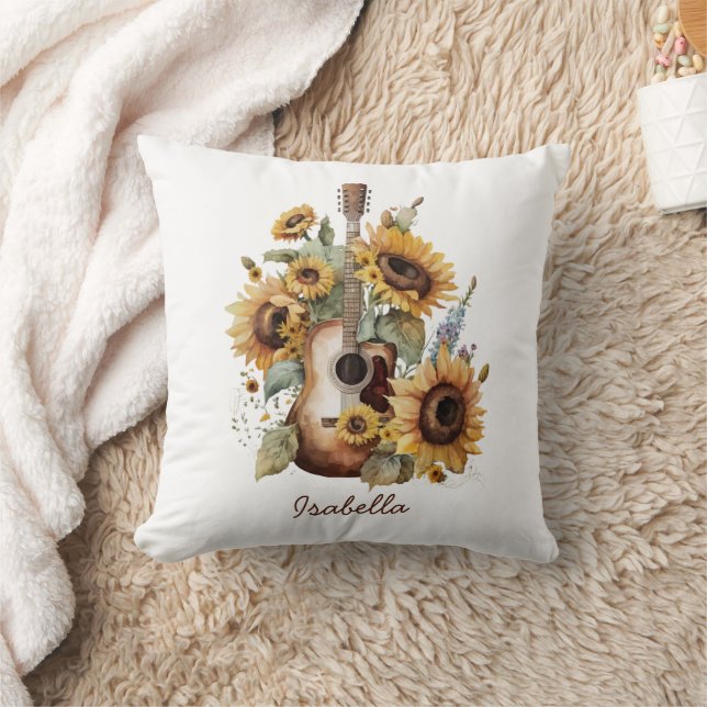 Coussin Personnalisée Jolie aquarelle tournesol guitare Fl (Couverture)