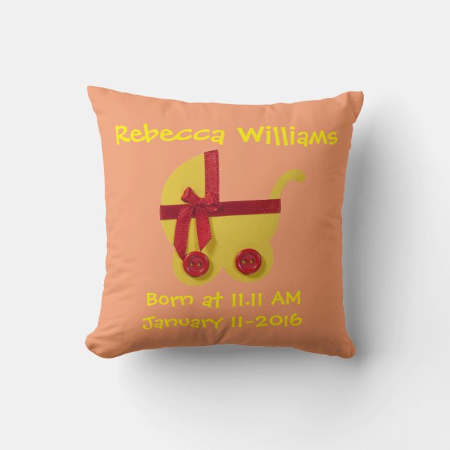 Coussin Personnaliser, Jaune clair, poussette rouge pour b (Recto)