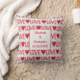 Coussin Personnaliser Red White Love Hearts Mariage Date
