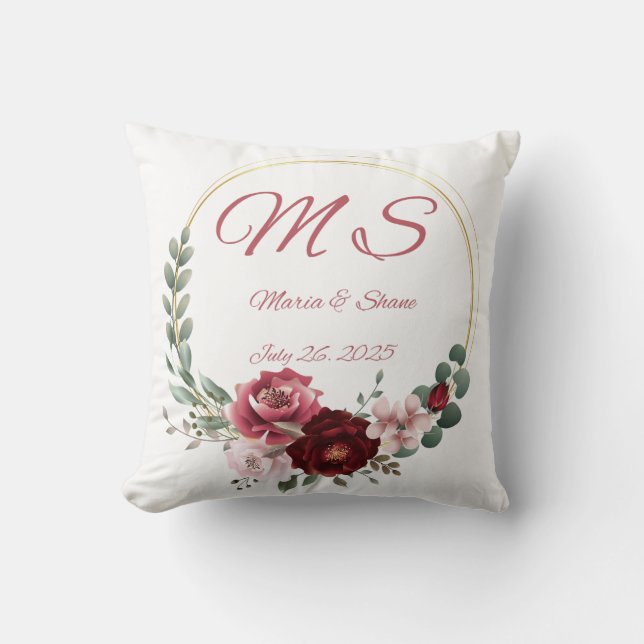 Coussin Personnaliser Rustique Lin Wreath Mariage Monogram (Recto)