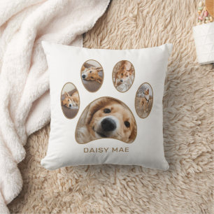 Coussin Pet Lovers Gold Empreinte de patte Nom Photo Colla