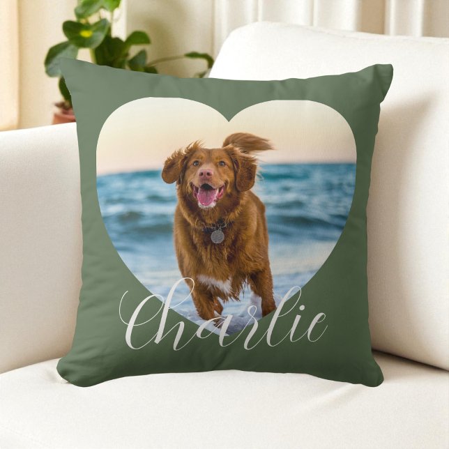 Coussin Pet Photo Green Script Cute Heart Personalized Dog (Pet Photo Green Script Cute Heart Personalized Dog Throw Pillow)