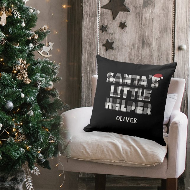 Coussin Petit aide de Père Noël Personnalisé  (santa's little helper personalized pillow. black and white plaid check)
