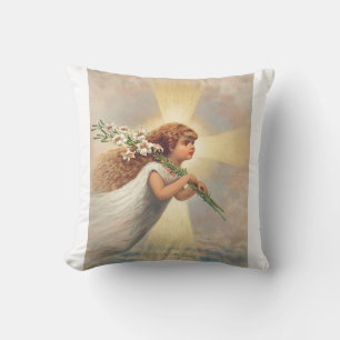 Coussin Petit ange bébé tenant des lis