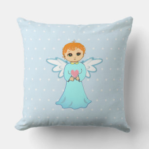 Coussin Petit ange mignon en turquoise tenant un coeur