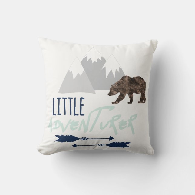 Coussin Petit aventurier en gris de marine et brume d'Aqua (Recto)
