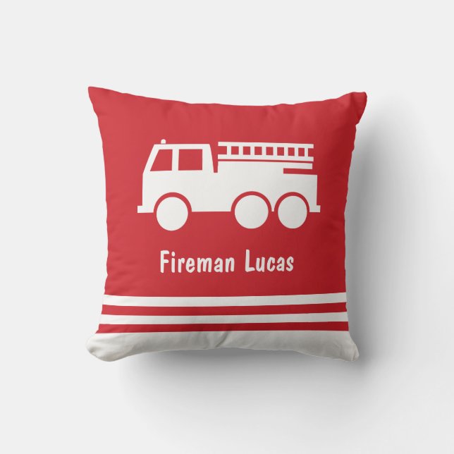 Coussin Petit Camion-feu Garçon avec nom Rouge et blanc (Recto)