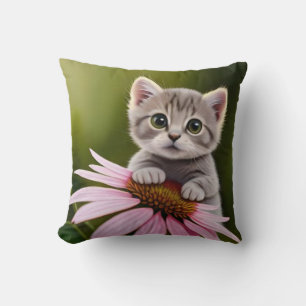 Coussin Petit chat gris floral mignon