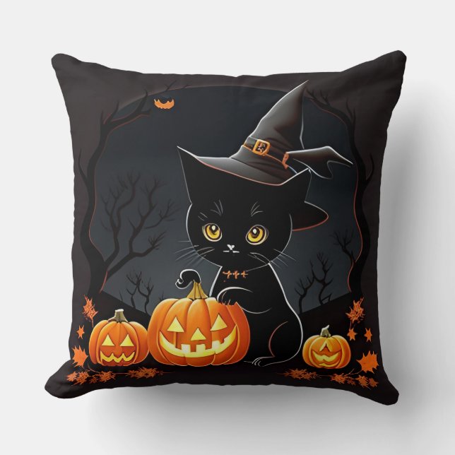 Coussin Petit chat noir dans un chapeau de sorcière parmi  (Recto)