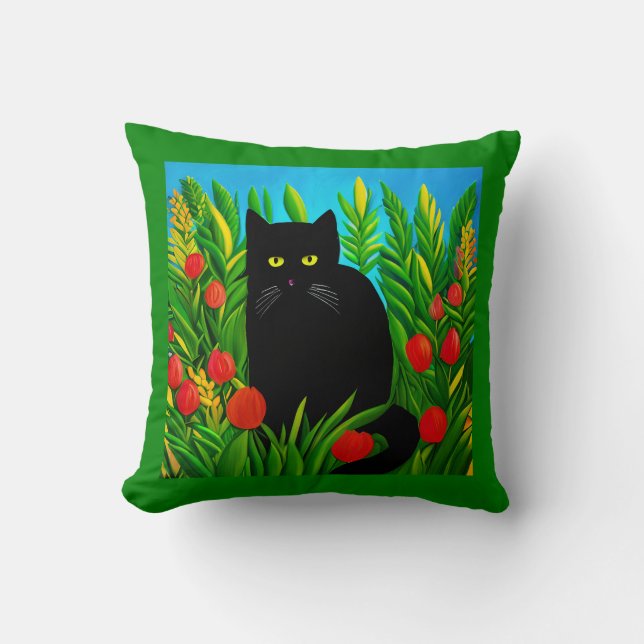 Coussin Petit chat noir dans un jardin de tulipes (Recto)