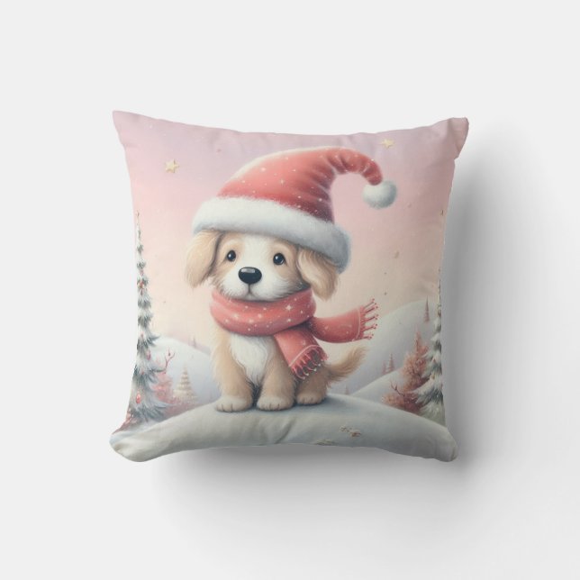 Coussin Petit chiot de Noël en chapeau santa (Recto)