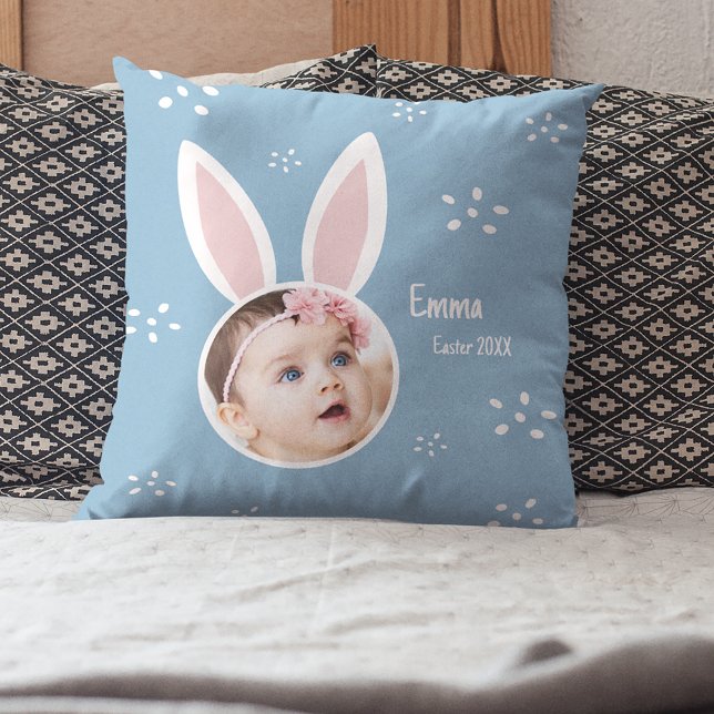 Coussin Petit Enfant Photo avec Bunny Ears et nom Pâques (Créateur téléchargé)