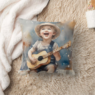 Coussin Petit Garçon Jouant Guitare Chanter Aquarelle
