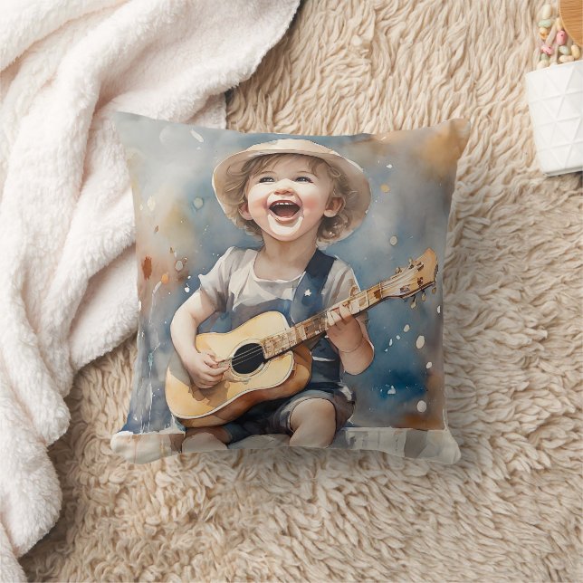 Coussin Petit Garçon Jouant Guitare Chanter Aquarelle (Couverture)