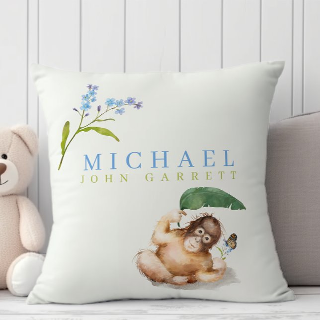 Coussin Petit garçon mignon singe pastel bleu floral pépin (Créateur téléchargé)