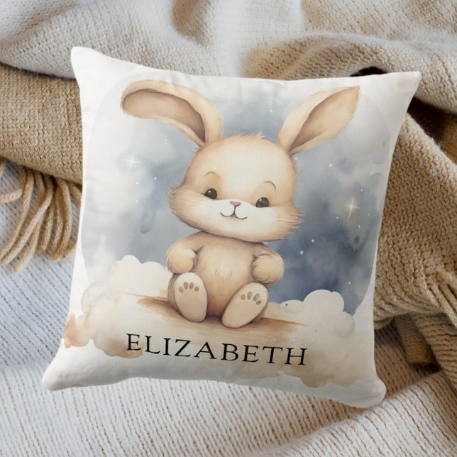 Coussin Petit lapin bleu ciel beige boho pépinière (Créateur téléchargé)