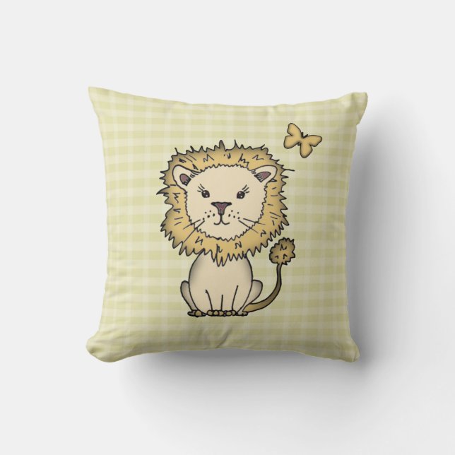 Coussin Petit Lion et Papillon sur Carreaux Jaunes (Recto)
