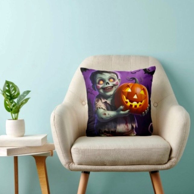 Coussin Petit Monstre Vert & Ami Citrouille  (Throw Pillow 100% polyester heavyweight stretch material. Hidden zipper Made in the USA.
)
