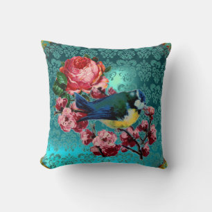 COUSSIN PETIT OISEAU ET ROSES ROSES ROSES ROSES AQUA BLEU,