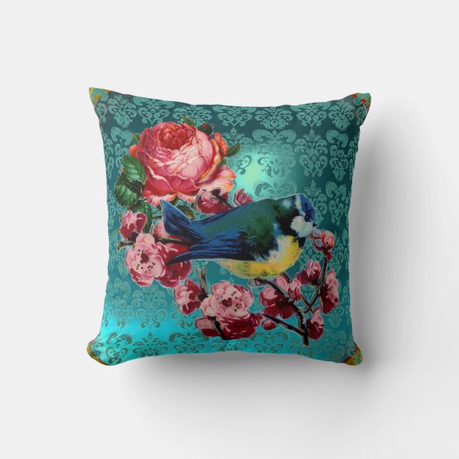 COUSSIN PETIT OISEAU ET ROSES ROSES ROSES ROSES AQUA BLEU, (Recto)