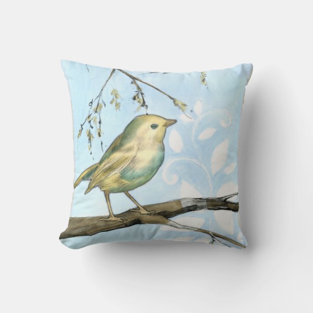 Coussin Petit oiseau jaune perché sur une branche Recherch (Recto)