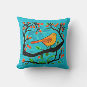 Coussin Petit oiseau orange sur une branche de fleurs