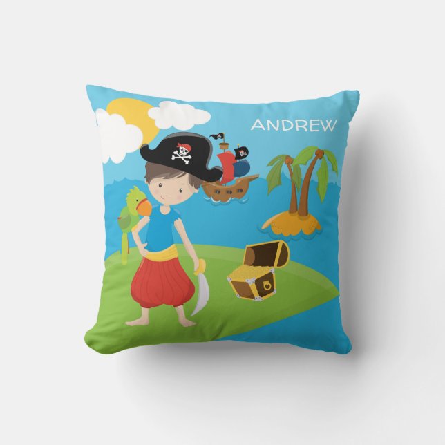 Coussin Petit petit pirate garçon avec trésor et perroquet (Recto)