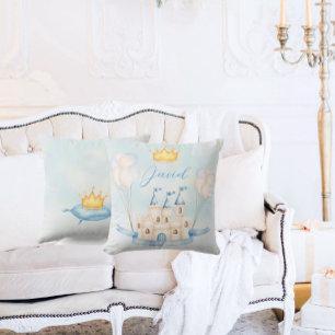 Coussin Petit Prince couronne or Aquarelle château bleu