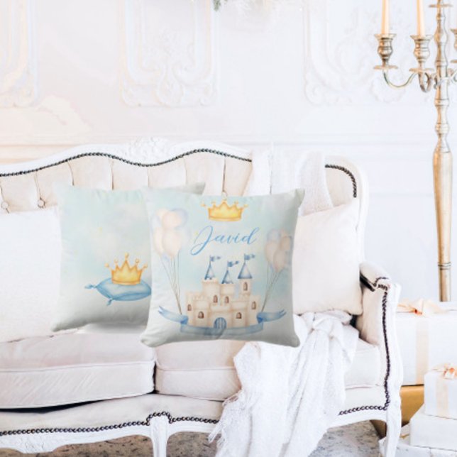 Coussin Petit Prince couronne or Aquarelle château bleu (Créateur téléchargé)