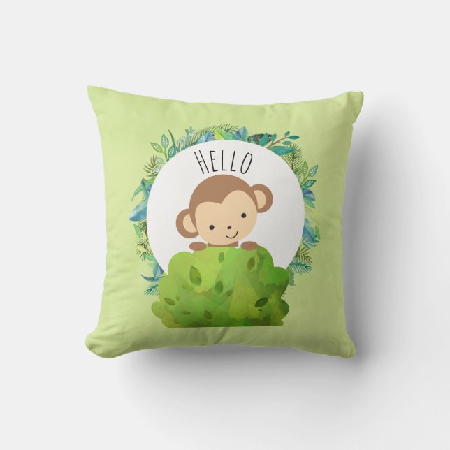 Coussin Petit singe qui sort de derrière un Bush Bonjour (Recto)