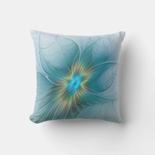 Coussin Petite Beauté Moderne Fleur d'Art Fractal Bleu Or