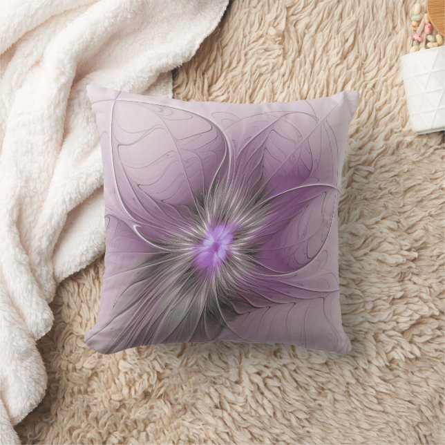 Coussin Petite Beauté Moderne Mauve Grey Fractal Art Flowe (Couverture)
