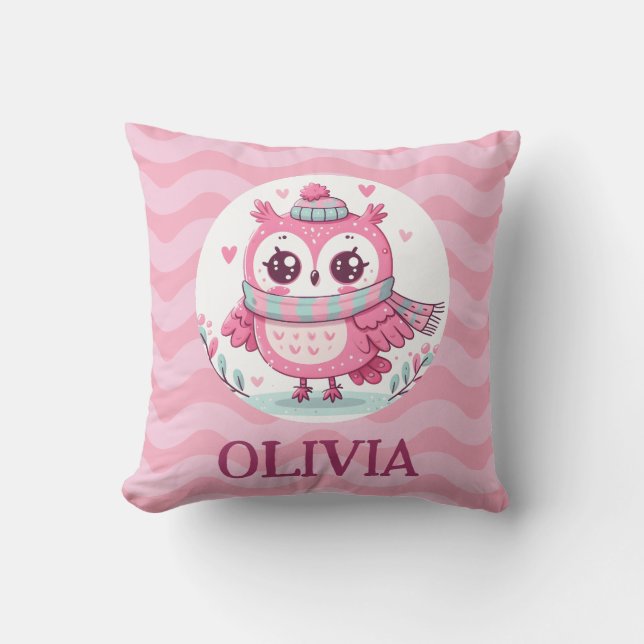 Coussin Petite chouette rose mignonne avec écharpe (Recto)