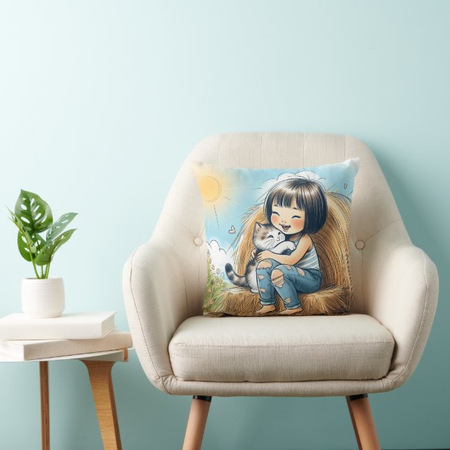 Coussin Petite fille avec chat animal (Chaise)
