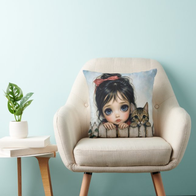 Coussin Petite Fille avec Grands Yeux et Chat de Compagnie (Chaise)