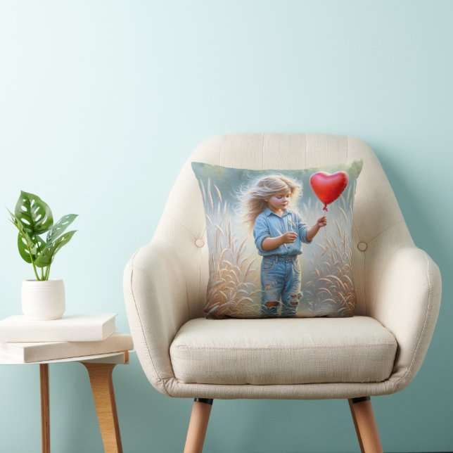 Coussin Petite fille avec un ballon de coeur rouge (Chaise)