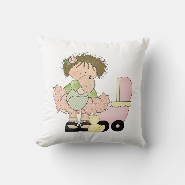 Coussin Petite fille/boguet et poupée mignons (Recto)