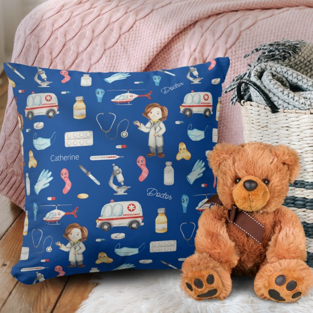 Coussin Petite fille docteur Motif Médicale avec nom, bleu (Créateur téléchargé)