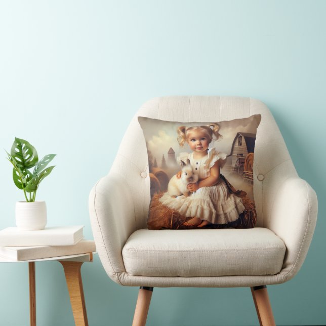 Coussin Petite fille et lapin sur Hay Bale (Chaise)