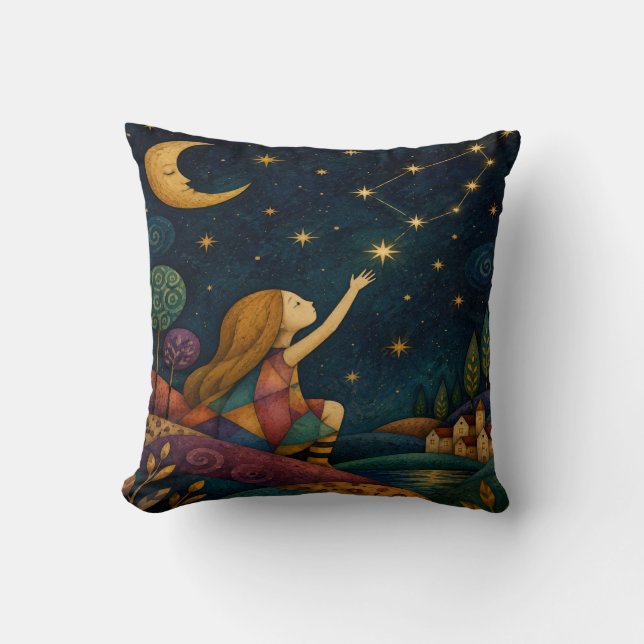 COUSSIN PETITE FILLE FANTAISISTE ATTRAPANT LES ÉTOILES (Recto)