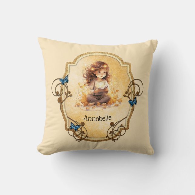Coussin Petite fille magique lisant un livre (Recto)