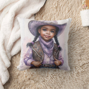 Coussin Petite fille noire en tenue de cowgirl violette
