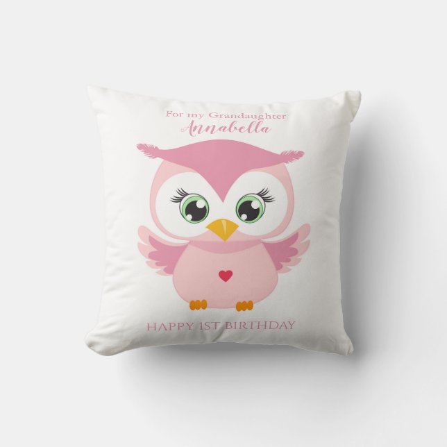 Coussin Petite-fille Premier Anniversaire Chouette Rose Mi (Recto)
