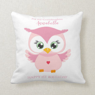Coussin Petite fille Premier anniversaire Cute Pink Owl